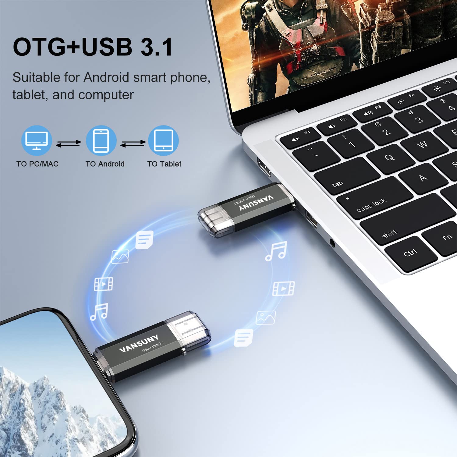 Vansuny 128Gb Type C Flash Drive Upgraded 130Mb/S Usb 3.1 Flash Drive 2 In 1 Otg Usb A + Usb C Memory Stick With Keychain Dual T