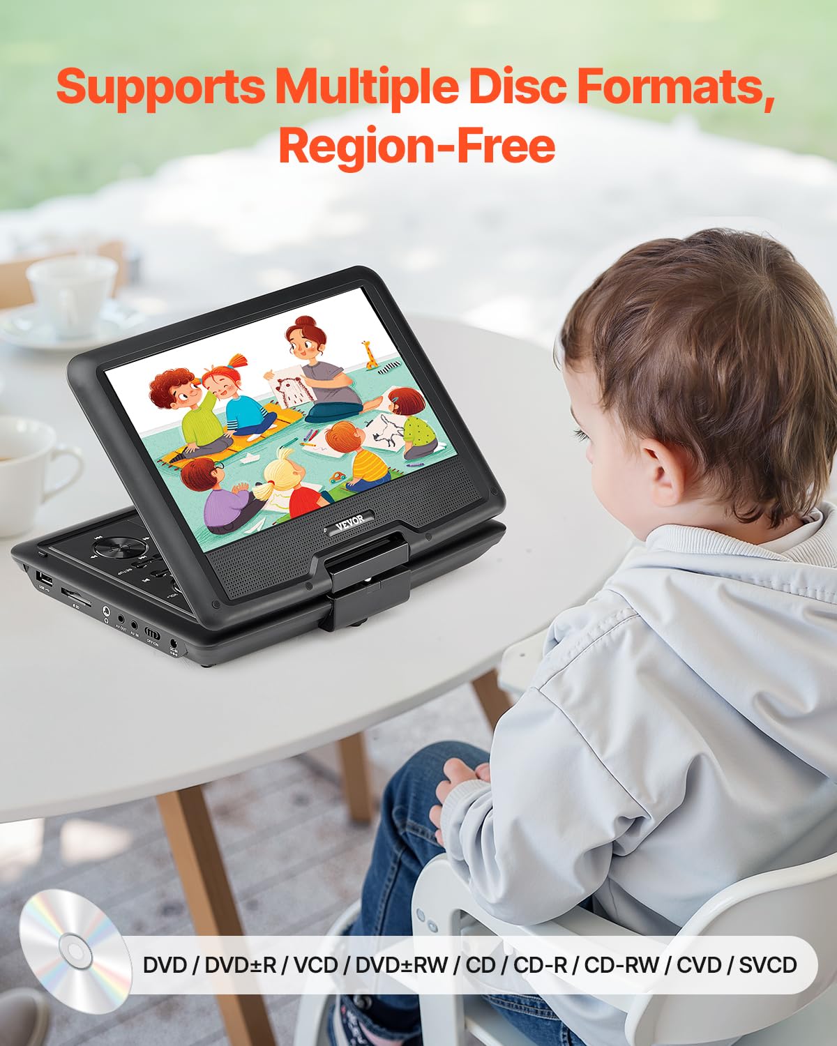 Vevor Portable Dvd Player, 10.1 Inch Hd Swivel Display Screen, 4 Hours Built-In Rechargeable Battery, Dual Speakers, Support Syn