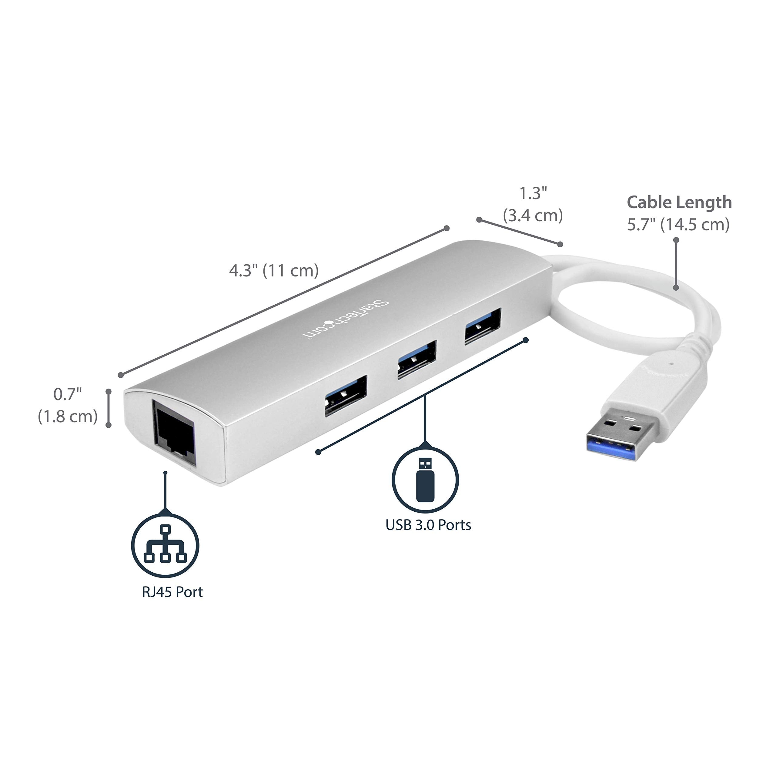 Startech.Com 3 Port Usb Hub With Ethernet, 3X Usb A Ports, Gigabit Ethernet, Usb 3.2 5Gbps, Bus Powered, Portable Laptop Hub
