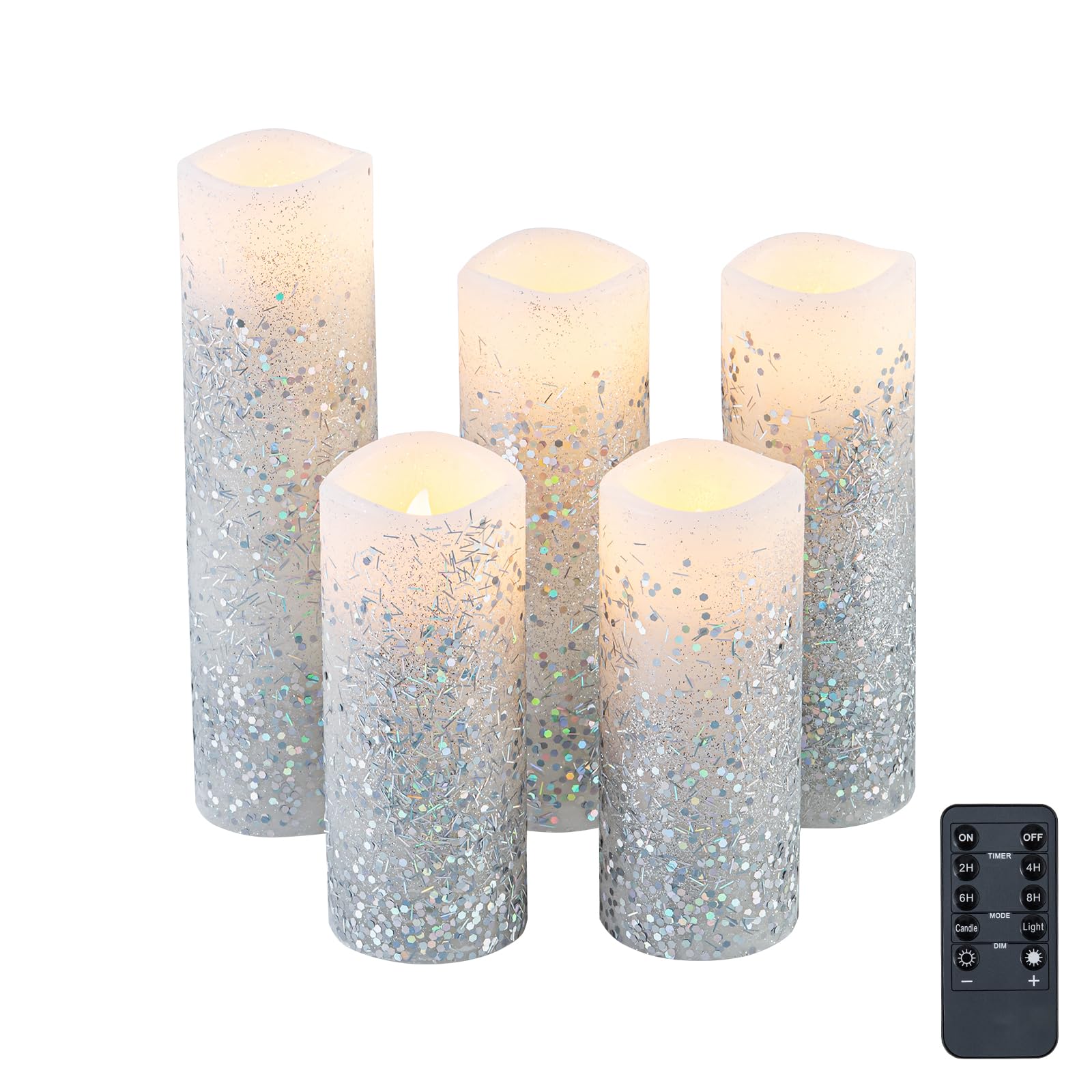 Evenice Christmas Silver Glitter Candle Flameless Candles Moving Flame Wick With Remote Timer, Pack Of 5