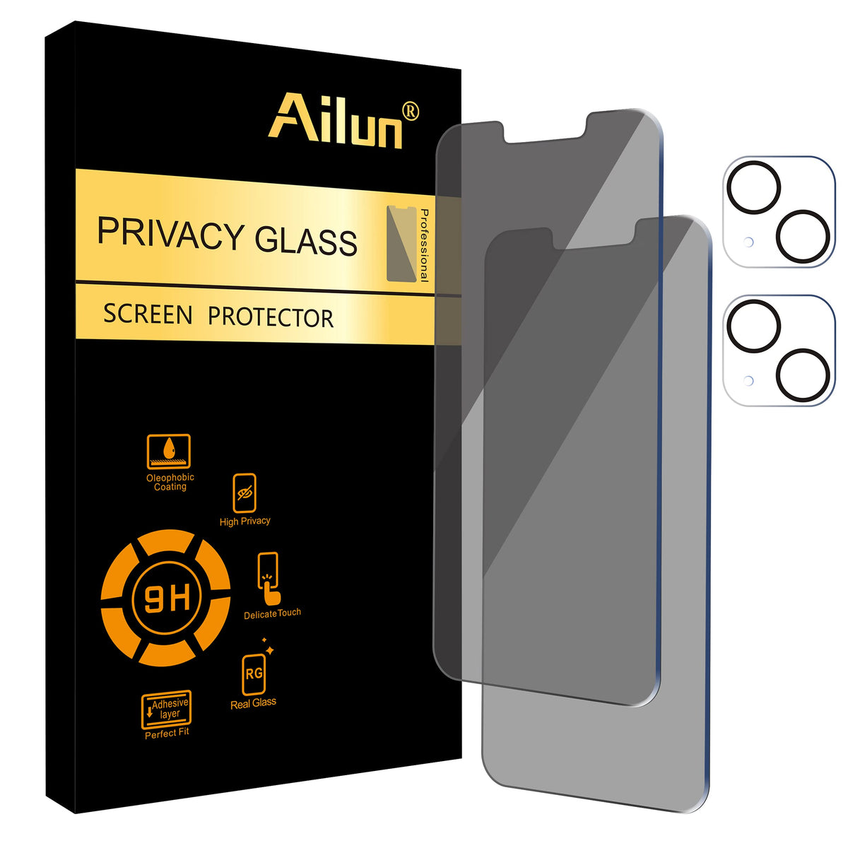 Ailun 2Pack Privacy Screen Protector For Iphone 13[6.1 Inch] + 2 Pack Camera Lens Protector, Anti Spy Private Tempered Glass Fil