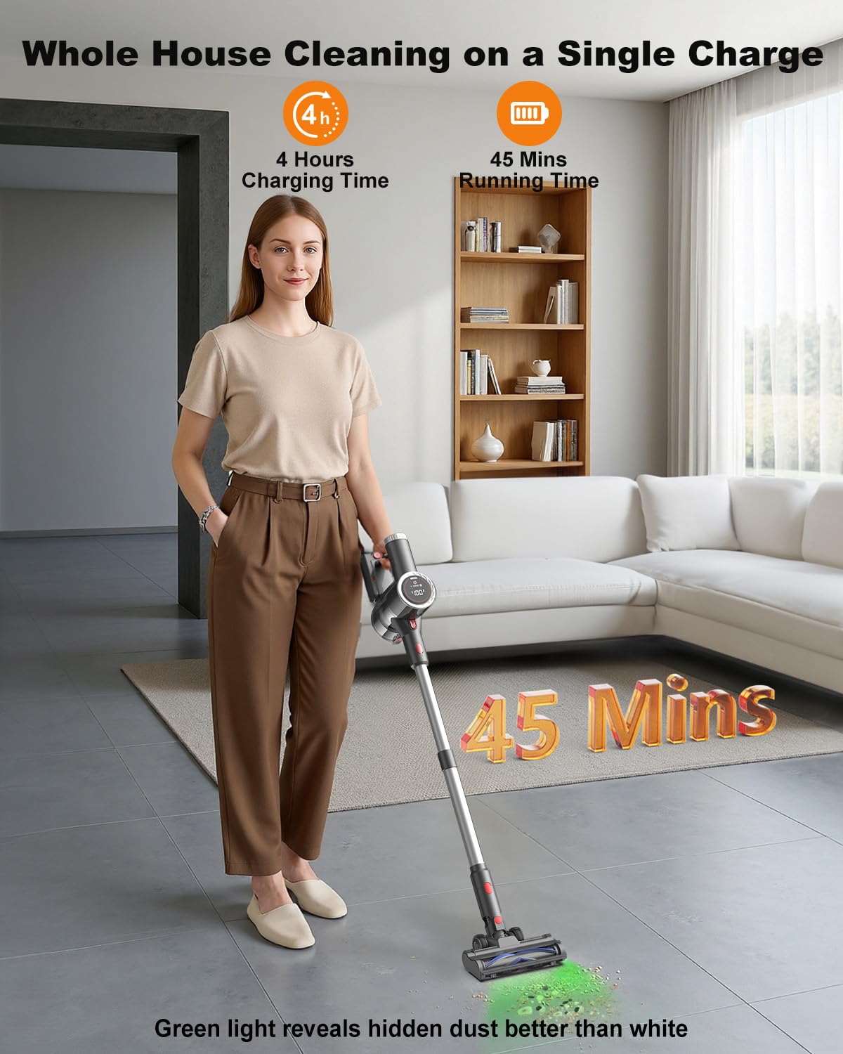 Cordless Vacuum Cleaner, 6-In-1 Lightweight Stick Vacuum With 45Mins Runtime, Led Display & Light, Self-Standing, Rechargeable C