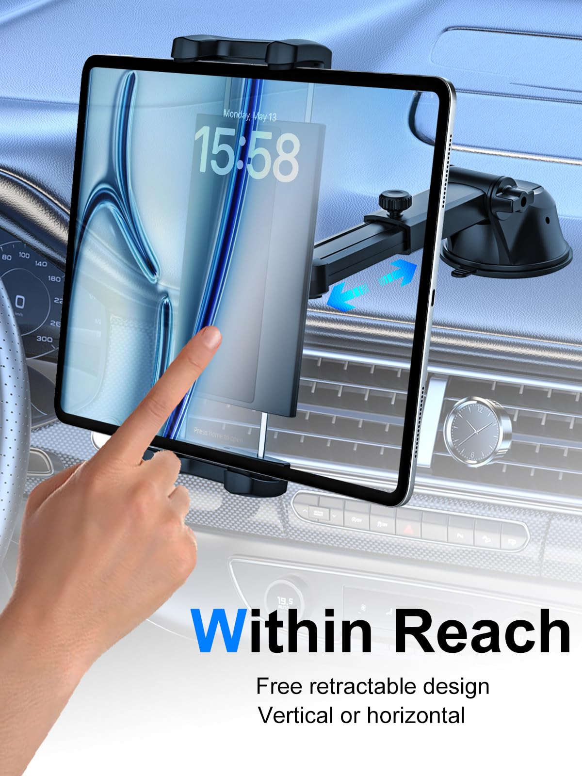 Kolasels Car Dashboard Windshield Tablet Mount For 4 13' Ipad & Phone, Telescopic Arm Suction Cup Truck Dash Window Tablet Holder For Ipad Pro 12.9 11 10.5 9.7, Ipad Air Mini, Samsung Tabs, Iphone Etc