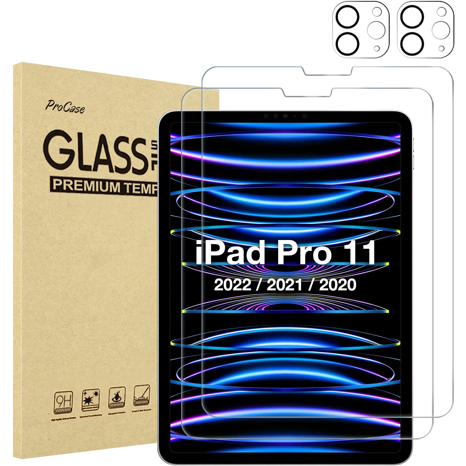 Procase 2+2 Pack Screen Protector For Ipad Pro 11 Inch 4Th 3Rd 2Nd 2022 2021 2020 With Camera Lens Protector, Tempered Glass Film For Ipad Pro 11'