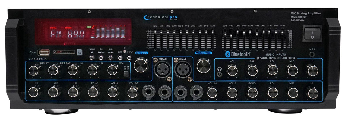 Technical Pro Mm2000Bt Powered Bluetooth Karaoke Mixer Amplifier Amp Sd, Usb