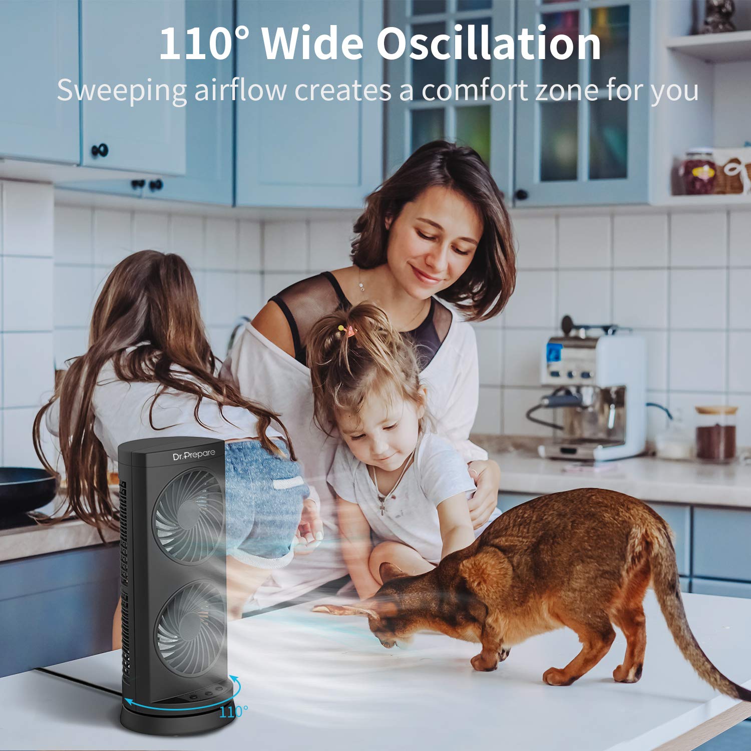 Dr. Prepare Tower Fan Oscillating Fan, Portable Desk Fan With 3 Speed Options, Dual Air Circulation, 110 Oscillation, 3 Timers,