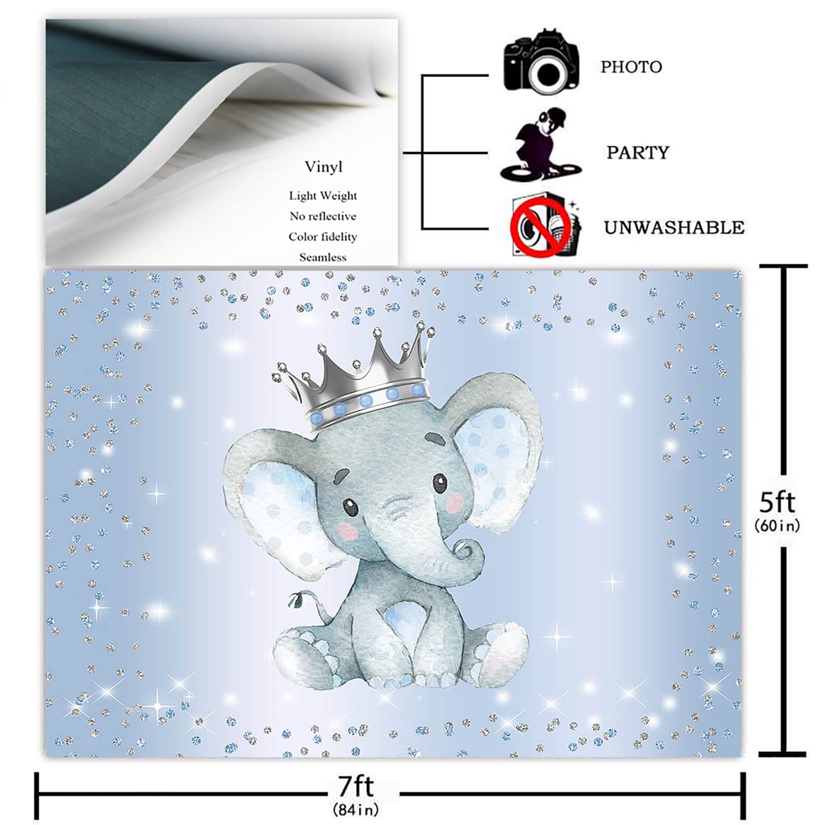 Avezano Boy Elephant Backdrop For Baby Shower Party Photography Background Blue And Silver Glitter Dots Crown Prince Elephant Ba
