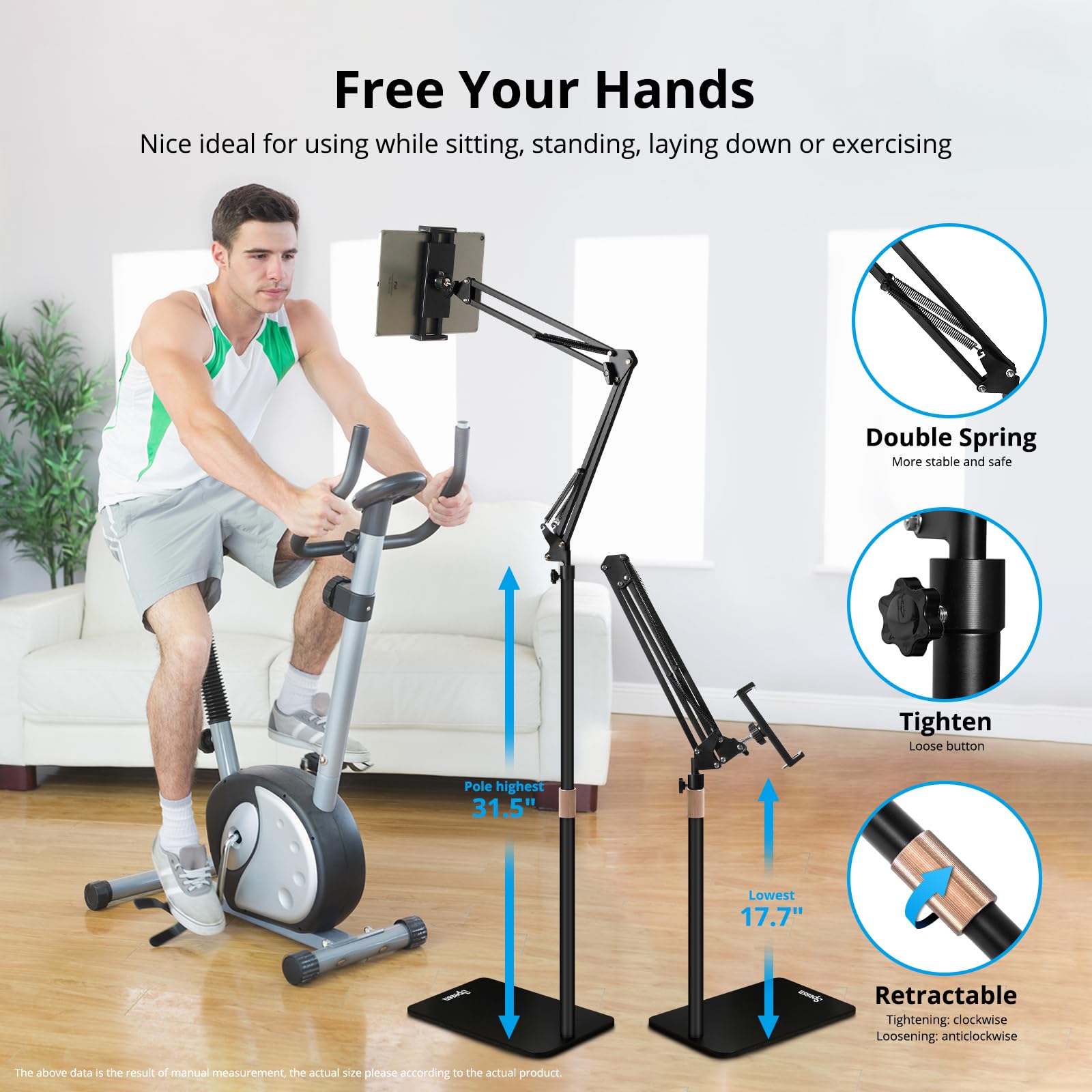 Spessn Tablet Floor Stand, Overhead Bed Phone Mount, Height Adjustable Universal Metal Tablet Holder, Phone Stand Compatible Wit