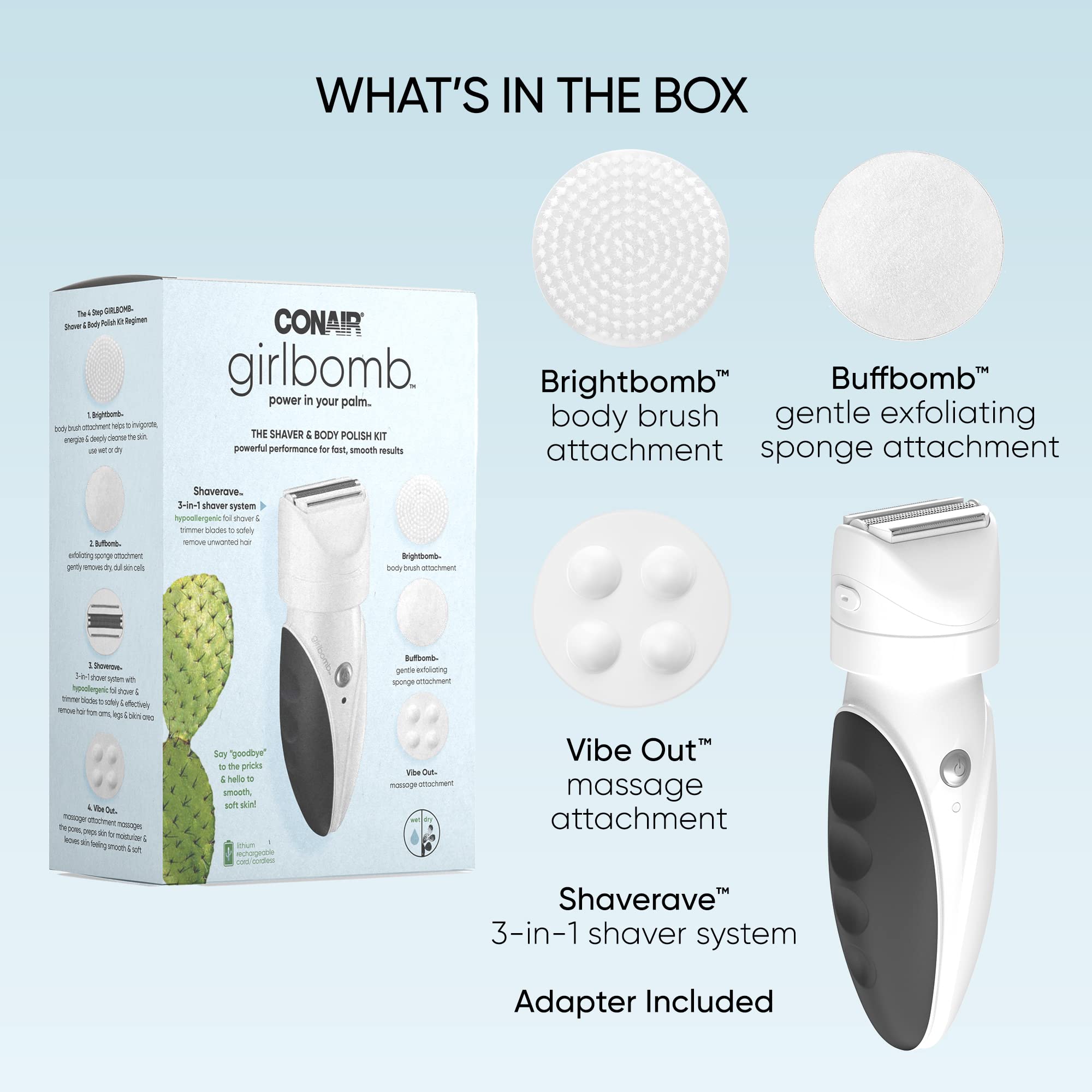 Conair Girlbomb Shaver For Women And Body Buffer, Wet/Dry, Lithium Ion Rechargeable