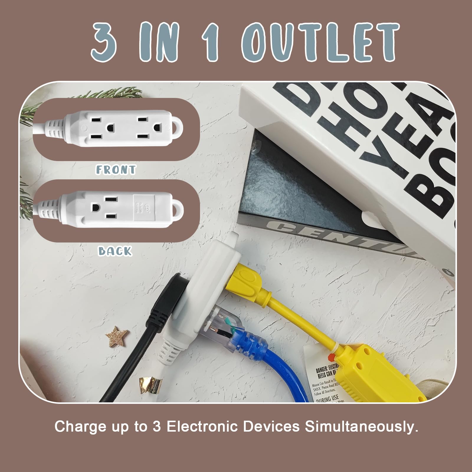 Greatide 10 Ft Flat Plug Extension Cord,16/3 Sjt Indoor Low Profile 3 Outlets Extension Cable With 45 Angled Flat Plug, Multiple