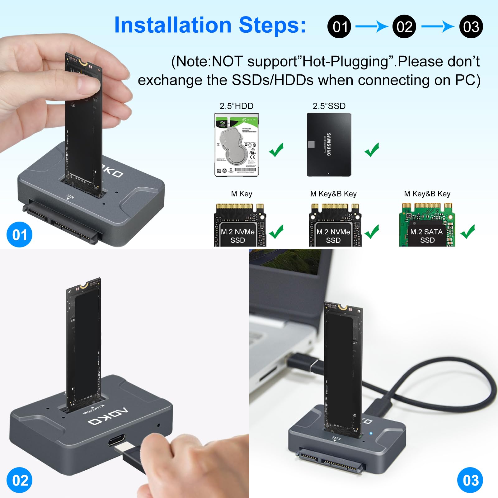Aoko Nvme To Usb 3.2(10Gbps) Ssd Reader Docking Station   Portable M.2 Ssd To Usb Adapter External Nvme Ssd Enclosure For M.2 Pc
