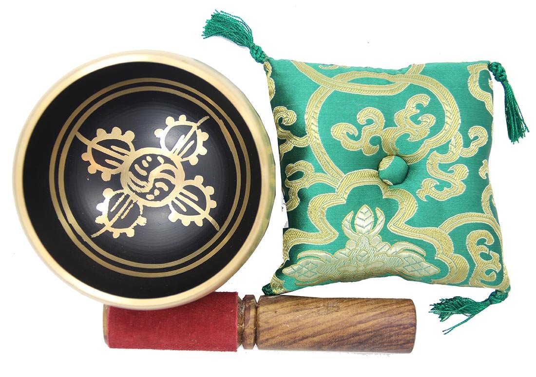 Dharmaobjects Tibetan Heavy Large Om Mani Padme Hum Singing Bowl Mallet And Silk Cushion Set