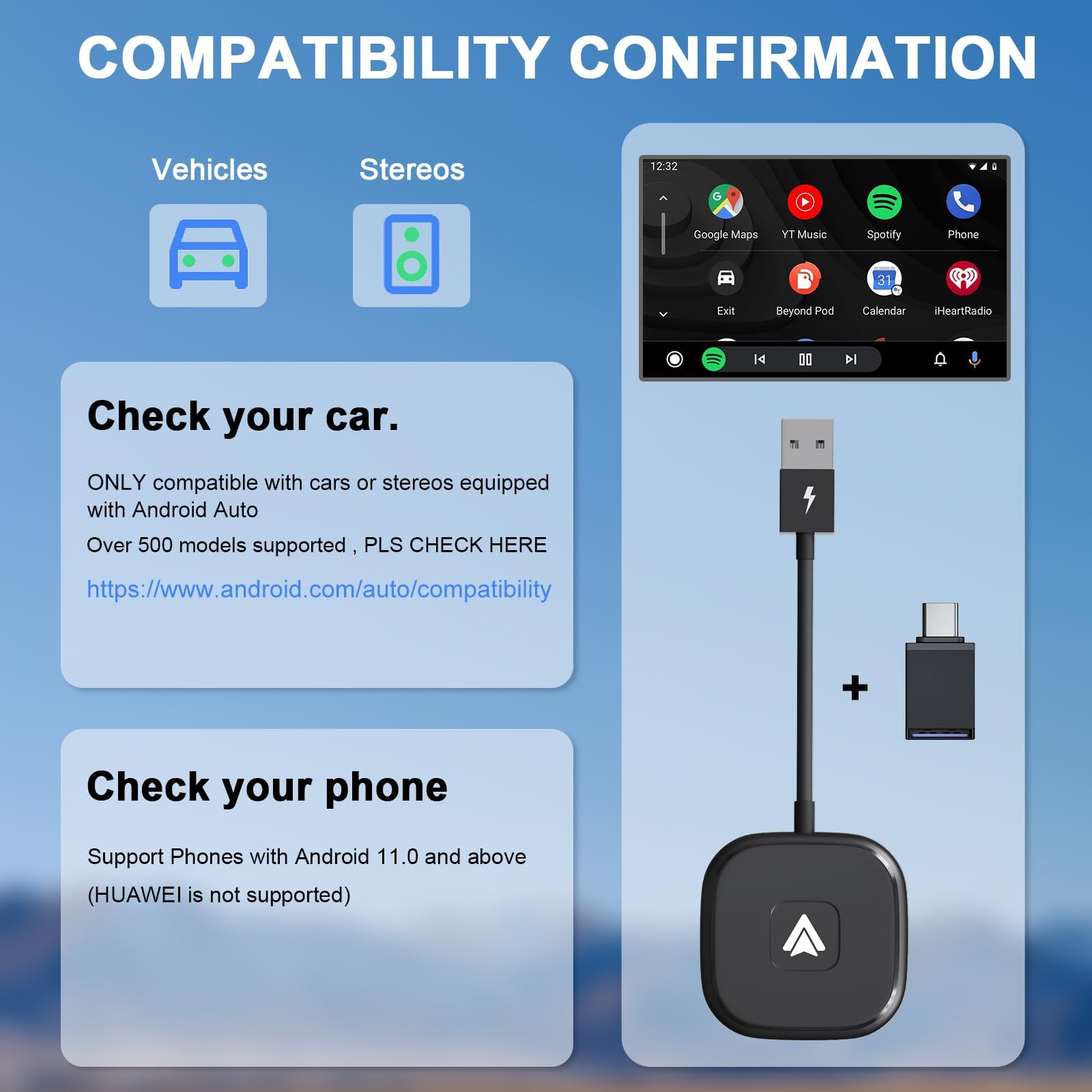 Android Auto Wireless Adapter For Wired Cars - Converts To Wireless, Easy Setup, Plug & Play, Seamless Connection, Stable And Fa