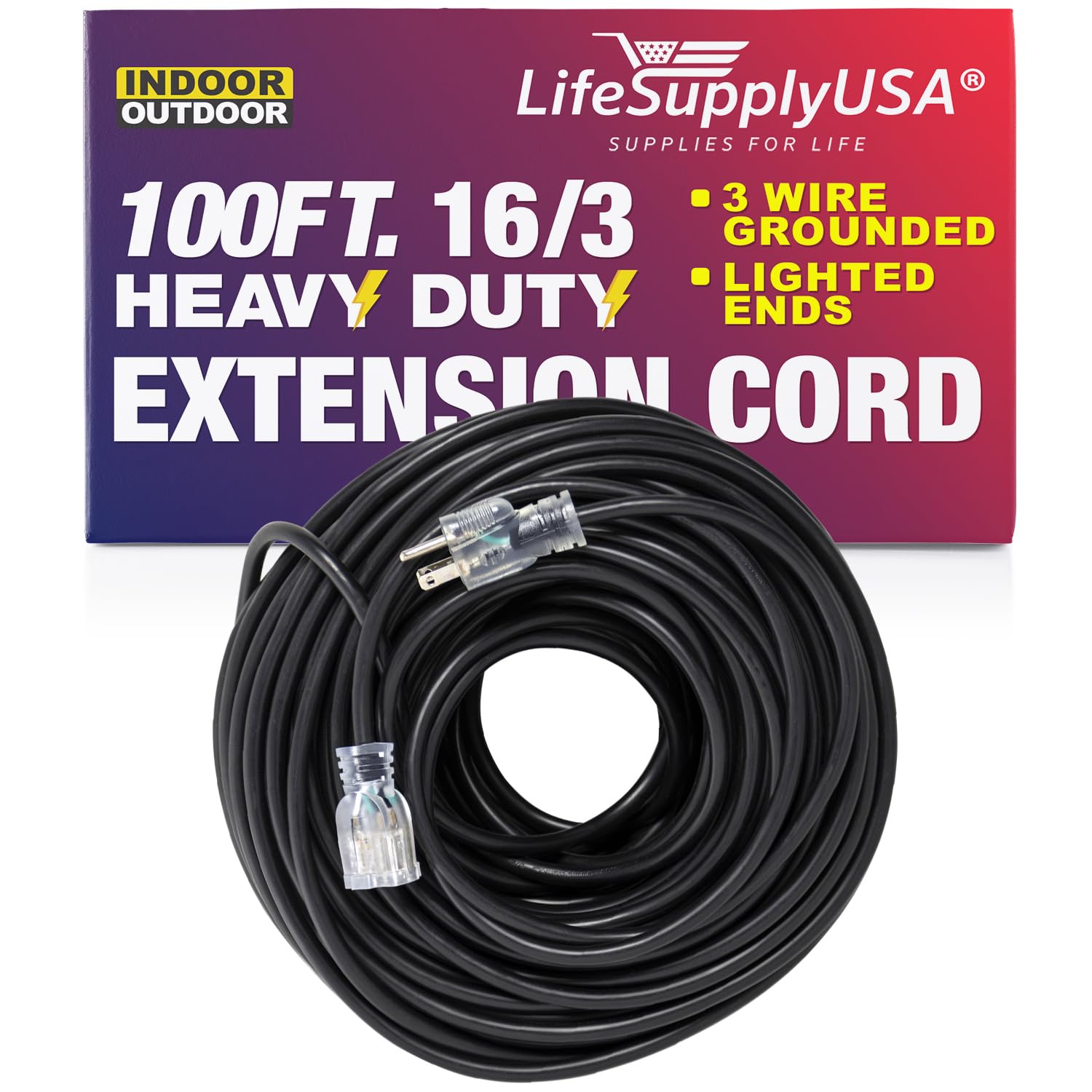 100 Ft Power Extension Cord Outdoor & Indoor Heavy Duty 16 Gauge/3 Prong Sjtw (Black) Lighted End Extra Durability 10 Amp 125 Vo