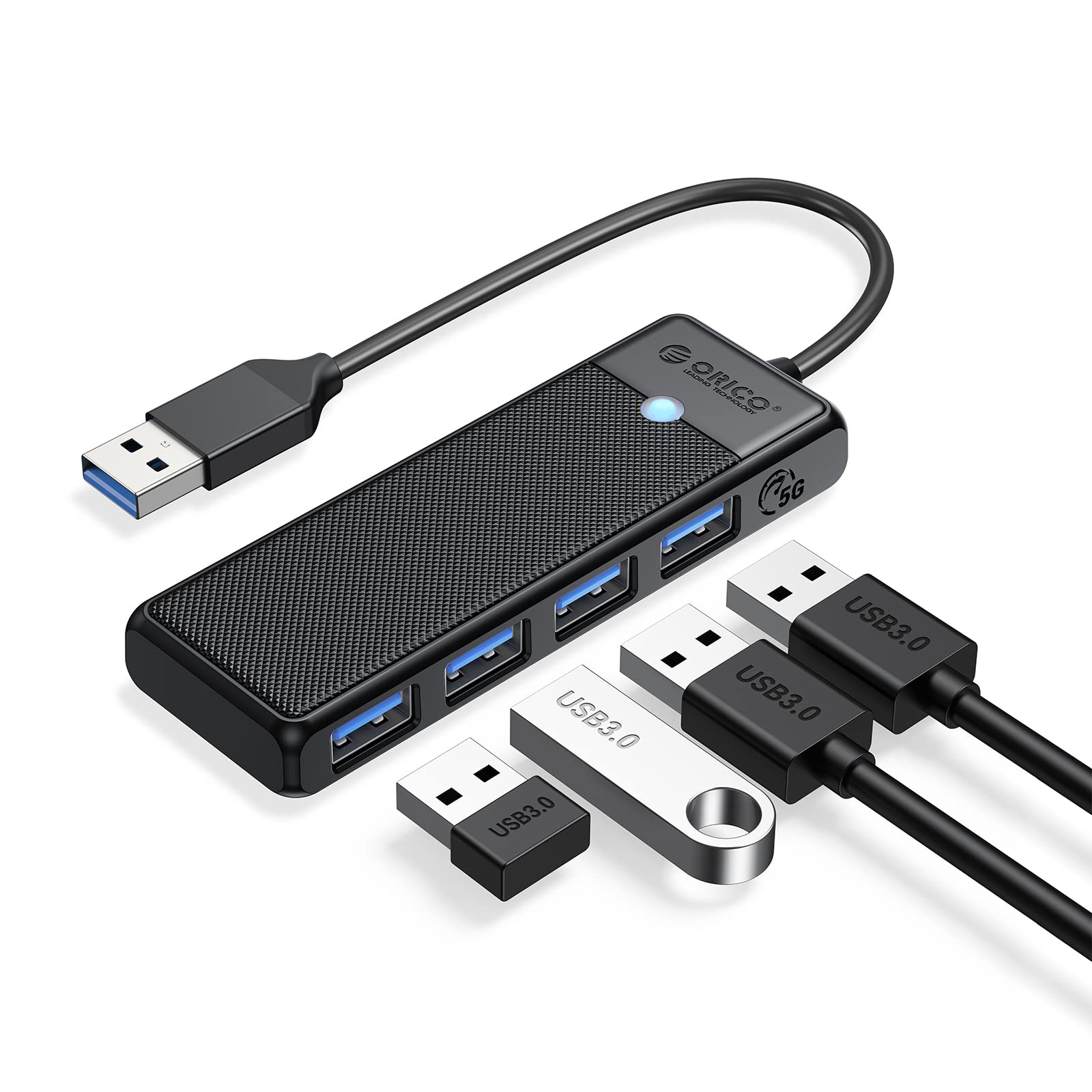ORICO USB 3.0 Hub, 4 Port USB Hub, Ultra Slim USB Splitter for Laptop for MacBook, Mac Pro, iMac, Surface Pro,XPS, PS5, PC, Flash Drive, Mobile HDD(Black/0.5ft)