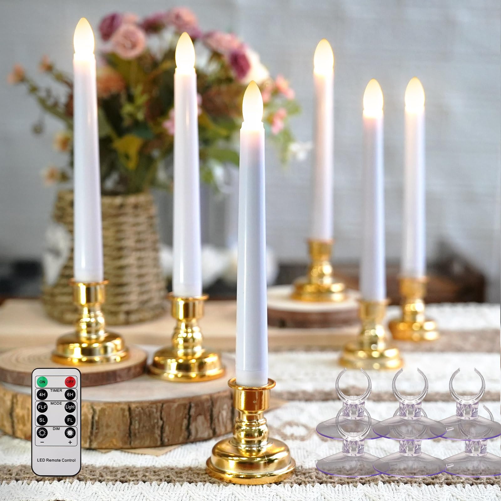 Fpoo Christmas Window Candles Battery Operated With Timer Remote Control,6 Pcs Led Cordless Flameless Taper Candlesticks Lights