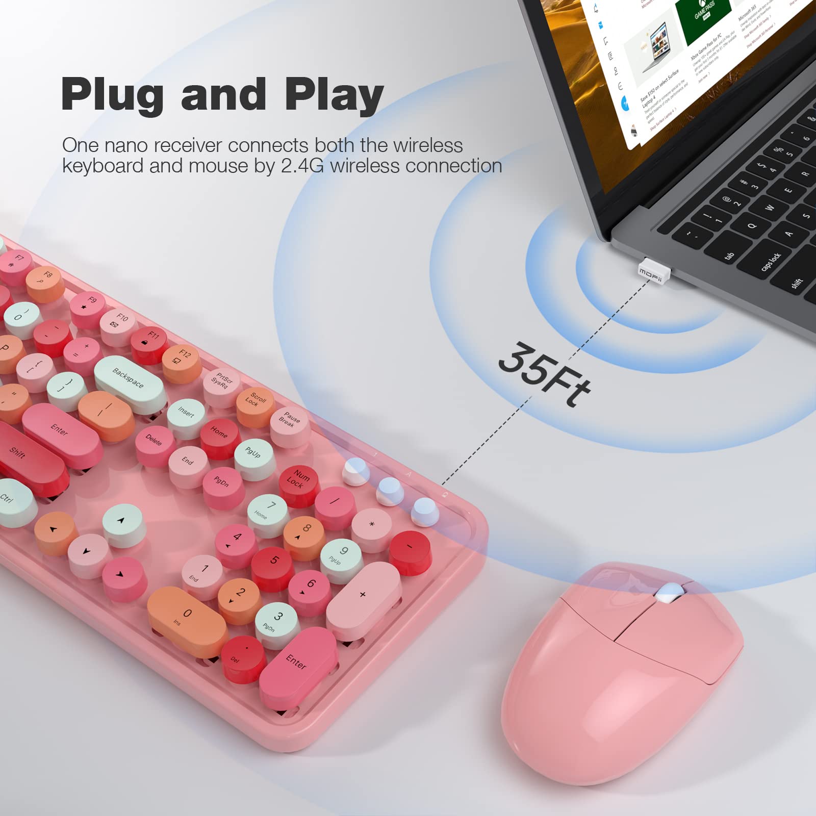 Knowsqt Wireless Keyboard And Mouse Combo, Pink 104 Keys Full Sized 2.4 Ghz Round Keycap Colorful Keyboards, Usb Receiver Plug A