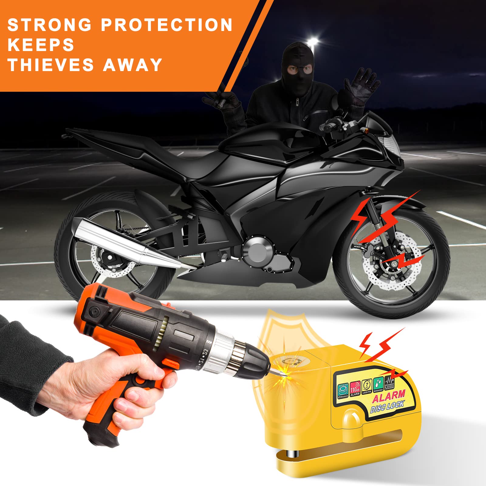 Motorcycle Alarm Disc Brake Lock, Motorcycle Locks Anti Theft Security Wheel Disc Lock Waterproof 110Db Alarm Sound With 5Ft Rem