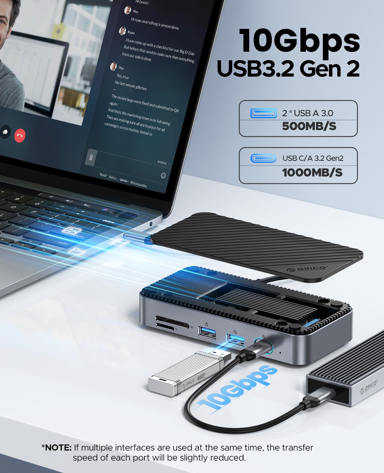 USB C Hub with M.2 SSD Enclosure, New Upgrade ORICO 10 in 1 USB C Docking Station with Built in fan, 10Gbps USB 3.2 Gen2 M.2 NVMe SSD Reader, Support 4K@60Hz HDMI, 100W PD, Ethernet, SD/TF   DPM2P9 V1