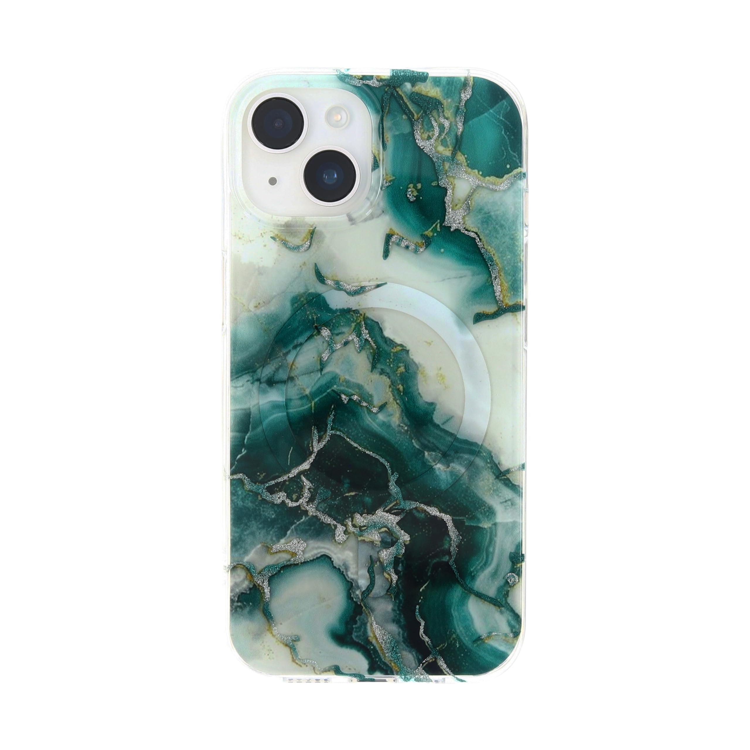 Katti Case Premium Marble Pattern Case for The iPhone 14 and iPhone 13, Deep Green and White Design with Silver and Gold Leaf Ac