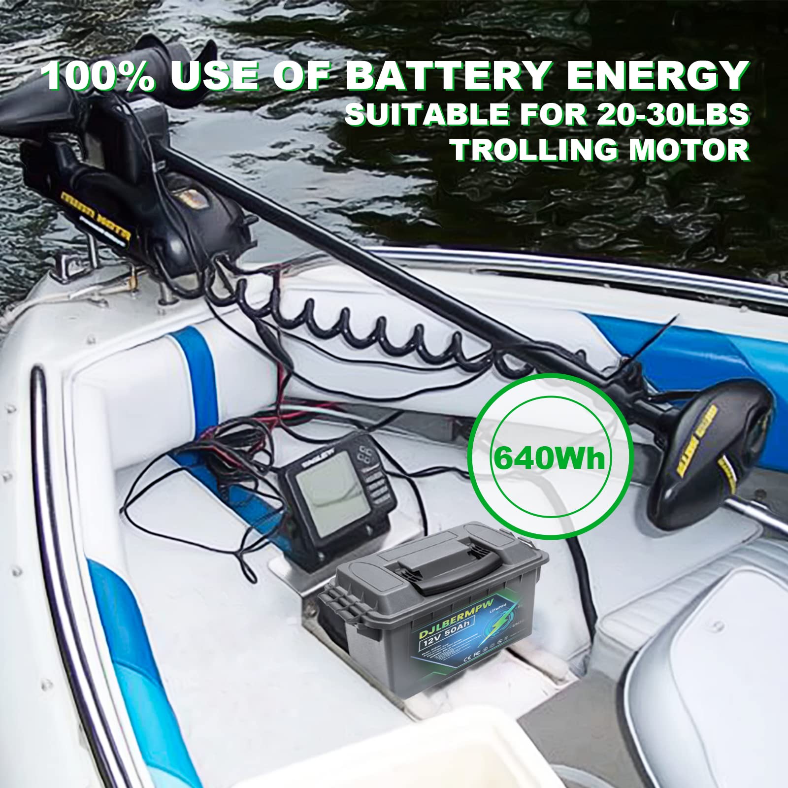DJLBERMPW 12V 50Ah LiFePO4 Lithium Battery with 50A BMS for RV, Marine, Solar, Camper - 640W Power, 4000+