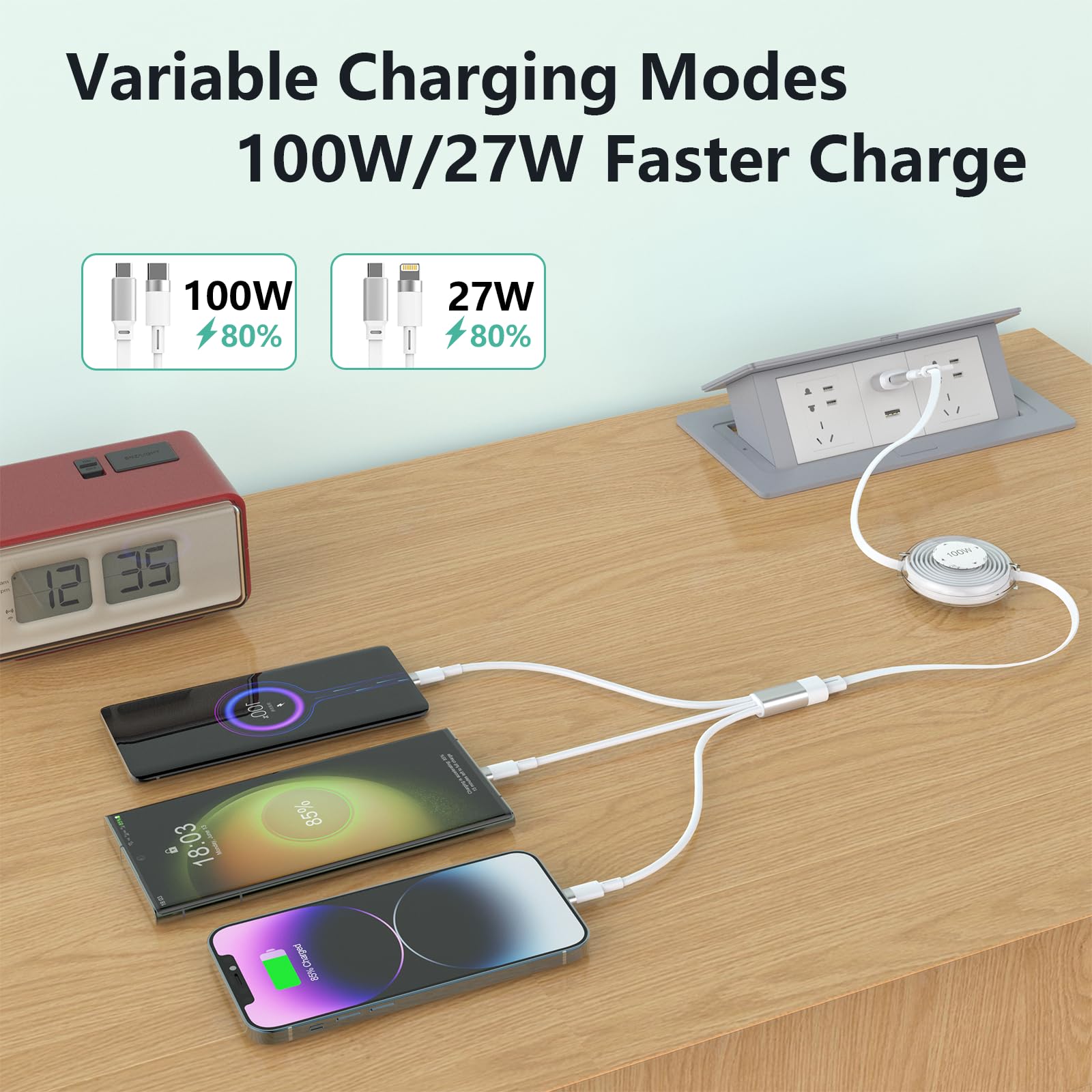 Upgraded 100W Retractable Multi 5 In 1 Usb A/Type C To Lightnning+Usb C+Micro Iphone Charging Cable,100W+27W+10W Pd Fast Multipl