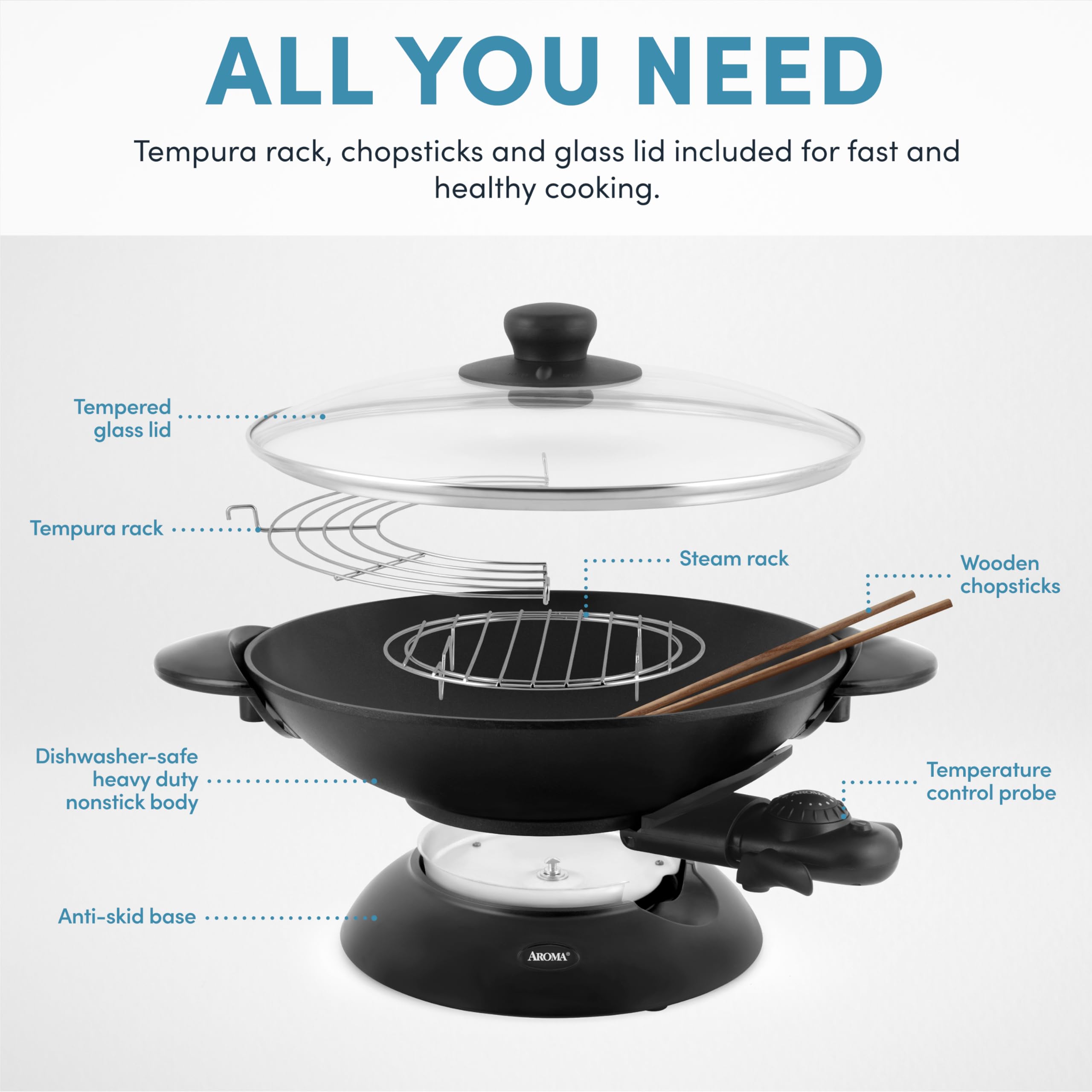 Aroma Housewares Aew 306 Electric Wok With Tempered Glass Lid Easy Clean Nonstick, Cooking Chopsticks, Tempura And Steaming Racks, Professional Model, Black