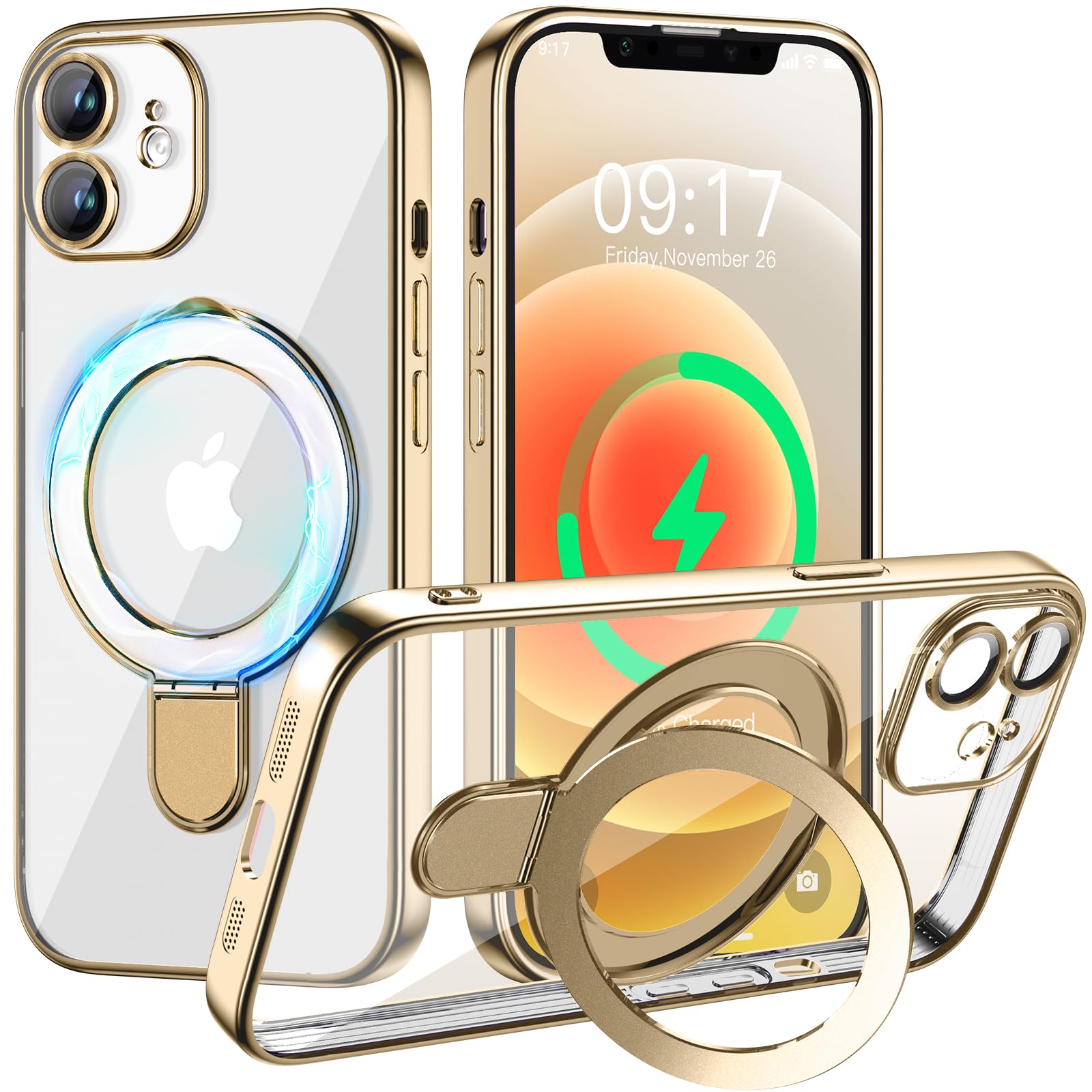 Pmteyoim Magnetic For Iphone 12 Case With Invisible Stand[Compatible With Magsafe][Full Camera Lens Protector][Military Drop Pro