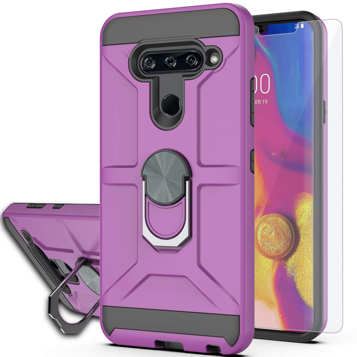Ymhxcy Phone Case Compatible With Lg V40/V40 Thinq Case With Hd Screen Protector,360 Degree Rotating Ring Kickstand Holder Dual