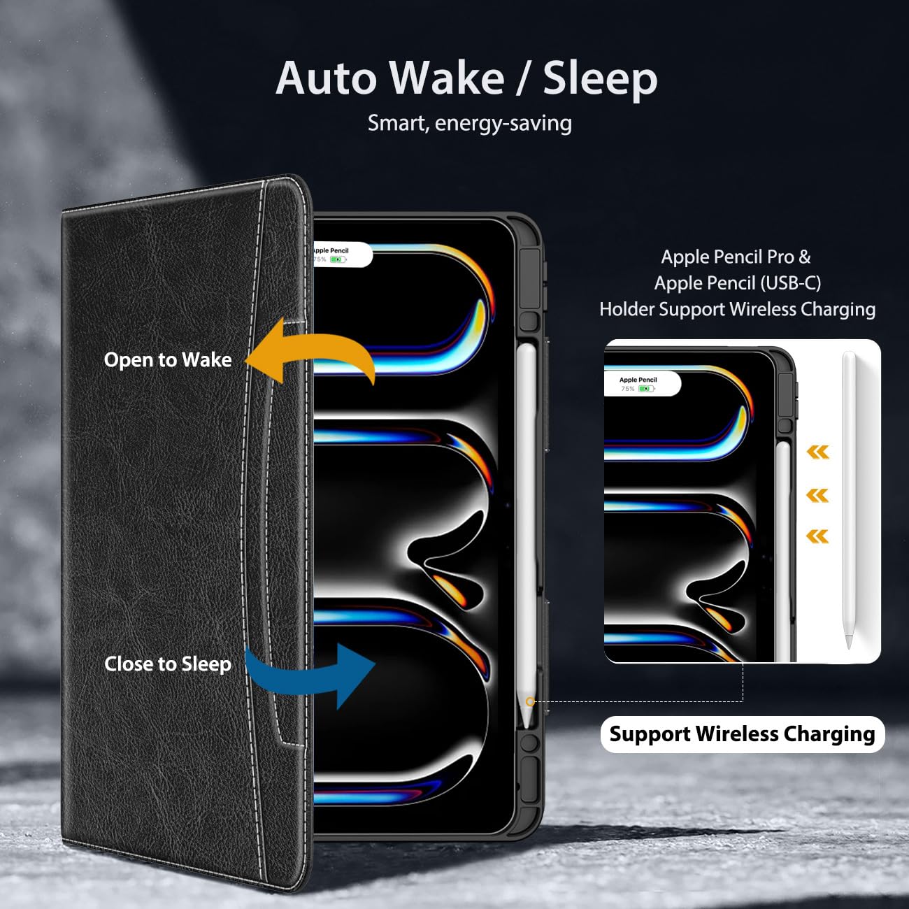 MoKo for iPad Pro 13 Inch Case 2024 (M4) with Pencil Holder & Pocket, Built in Hand Strap, Multi Angle Viewing, Premium PU Leather Folio Cover for iPad Pro 13 2024, Black