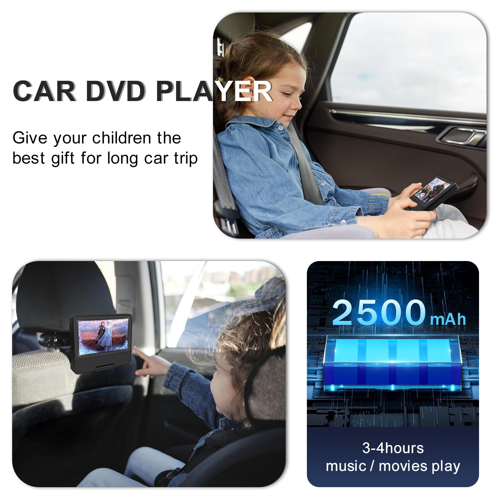 9.5'' Portable Dvd Player With 7.5'' Swivel Display Screen, 5 Hour Built In Rechargeable Battery, Car Dvd Player For Kids And Ca