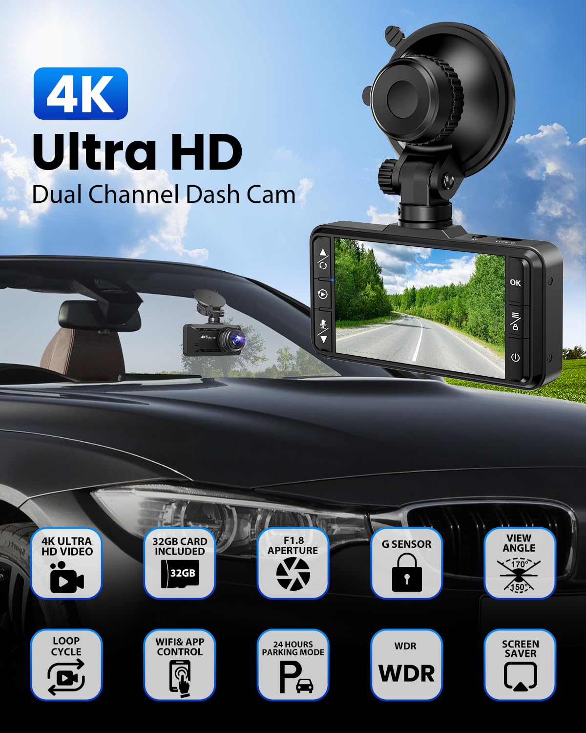 Dash Cam Front Rear 4K/1080P, Dash Camera For Cars Build In Wifi, Full Hd Dash Cam With App Control, 3.94 Ips Screen Dash Camera