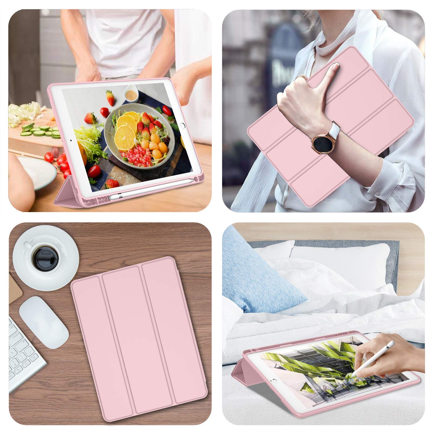 Imieet Ipad 9Th Generation Case 2021/Ipad 8Th Generation Case 2020 10.2 Inch With Pencil Holder, Ipad 7Th Gen 2019 Case With Soft Baby Skin Silicone Back, Auto Wake/Sleep Cover (Pink)