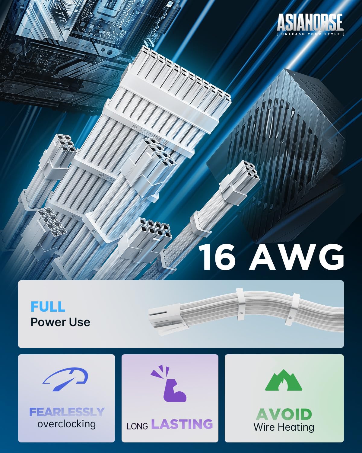 Asiahorse 16Awg Psu Cable Extension Power Cords, Customized Power Supply Mod Sleeve Extension Cable, Atx/Eps/8 Pin Pci E/6 Pin Pci E For Psu Cable (Pure White)