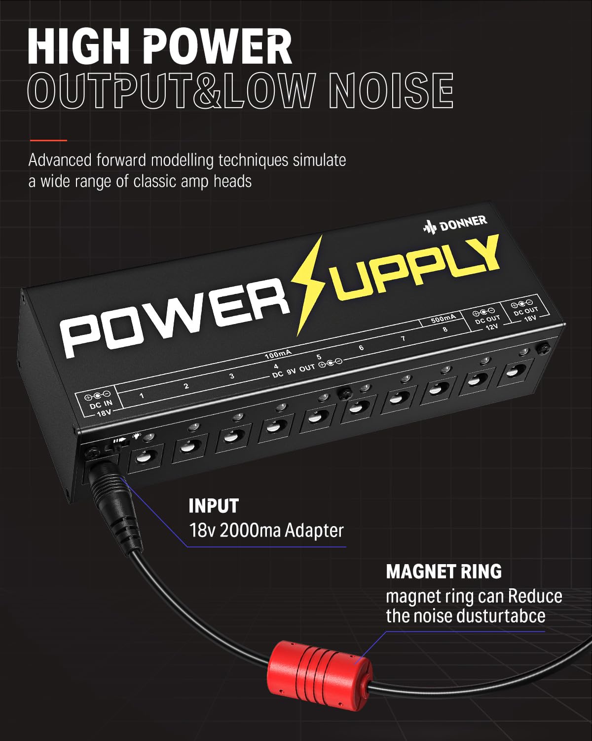Donner Dp 1 Guitar Power Supply 10 Isolated Dc Output For 9V/12V/18V Effect Pedal