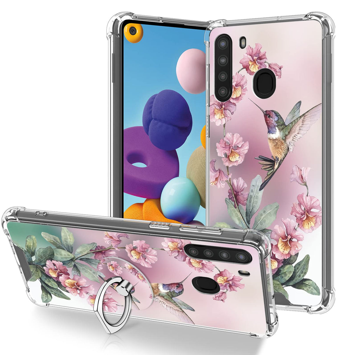 Ook Clear Case Compatible With Samsung Galaxy A21, Pink Hummingbird Pattern Flexible Tpu Shockproof Anti-Scratch Bumper Transpar