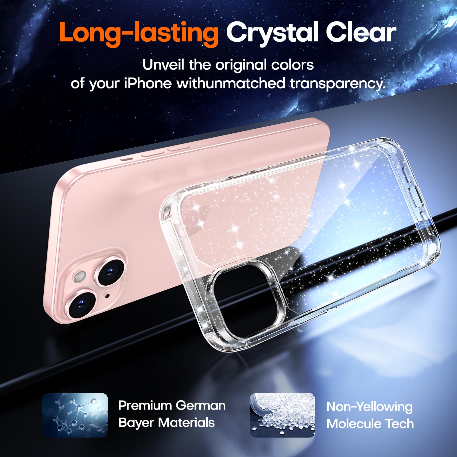 Tauri 3 In 1 For Iphone 15 Case Glitter, [Not Yellowing] With 2X Screen Protector, [Military Grade Drop Protection] Bling Cute S