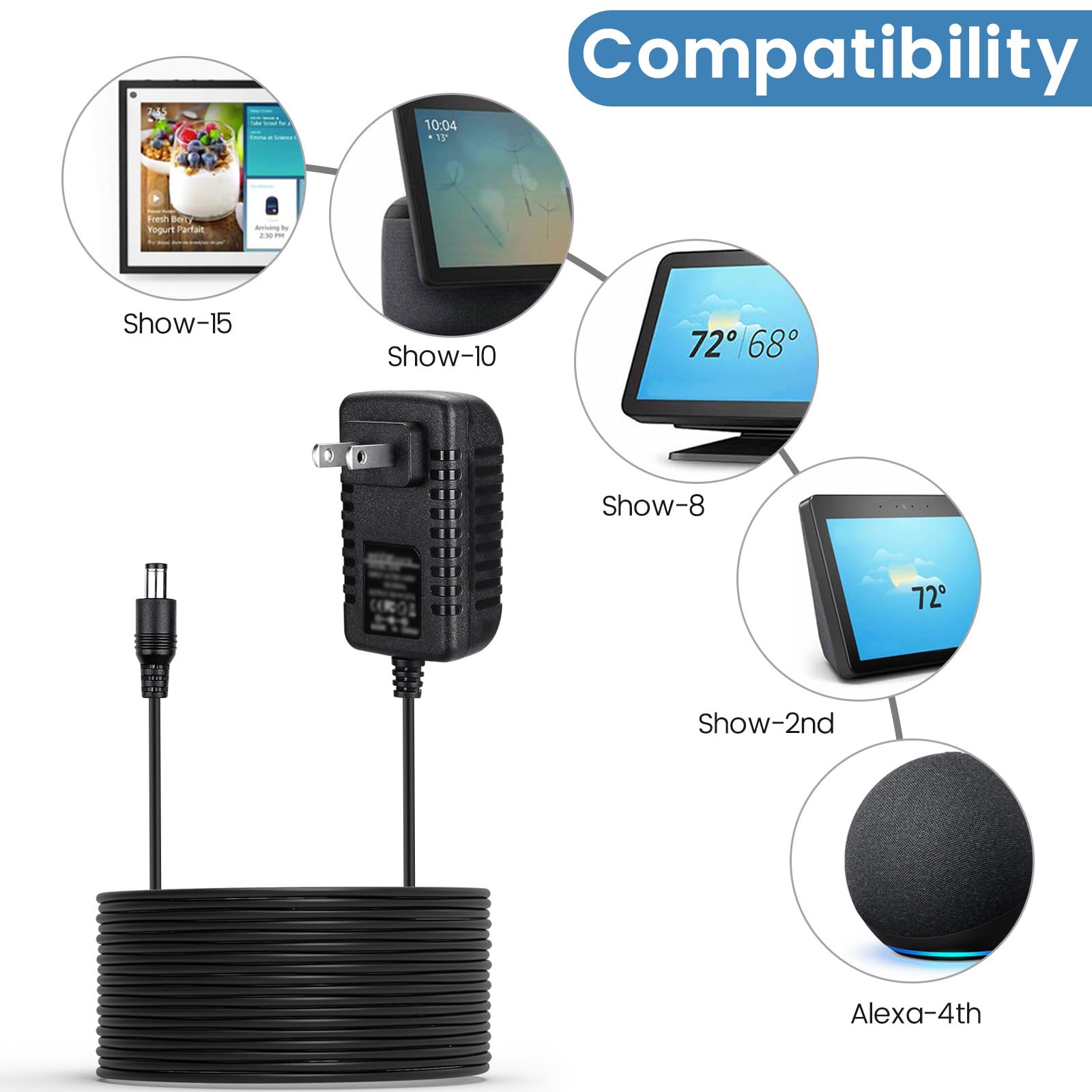 30W Power Cord Adapter Replacement For Echo Show 8 3Rd Gen., Show 10 3Rd Gen., Show 15, Echo 3Rd/4Th Gen.   Black Wall Charger C