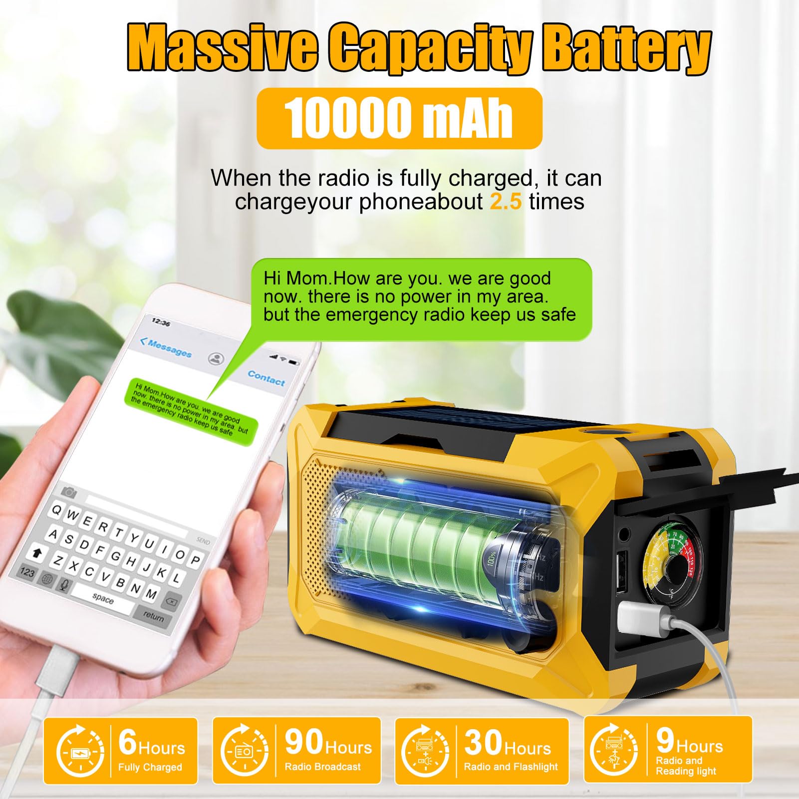 10000Mah Emergency Hand Crank Radio With Led Flashlight, Am/Fm Noaa Portable Weather Alert Radio, Solar Powered Radio With Phone