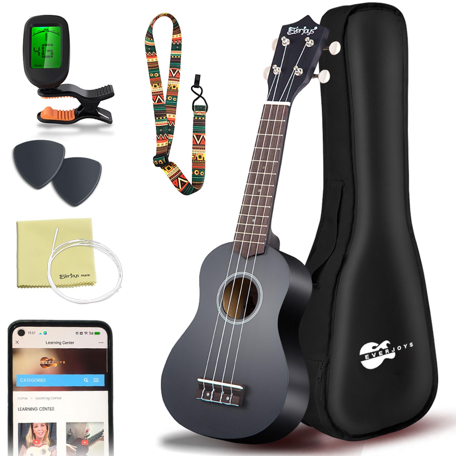 Everjoys Soprano Ukulele Beginner Pack 21 Inch W/Free Online Lesson Gig Bag Fast Learn Songbook Digital Tuner Pick Polishing Clo