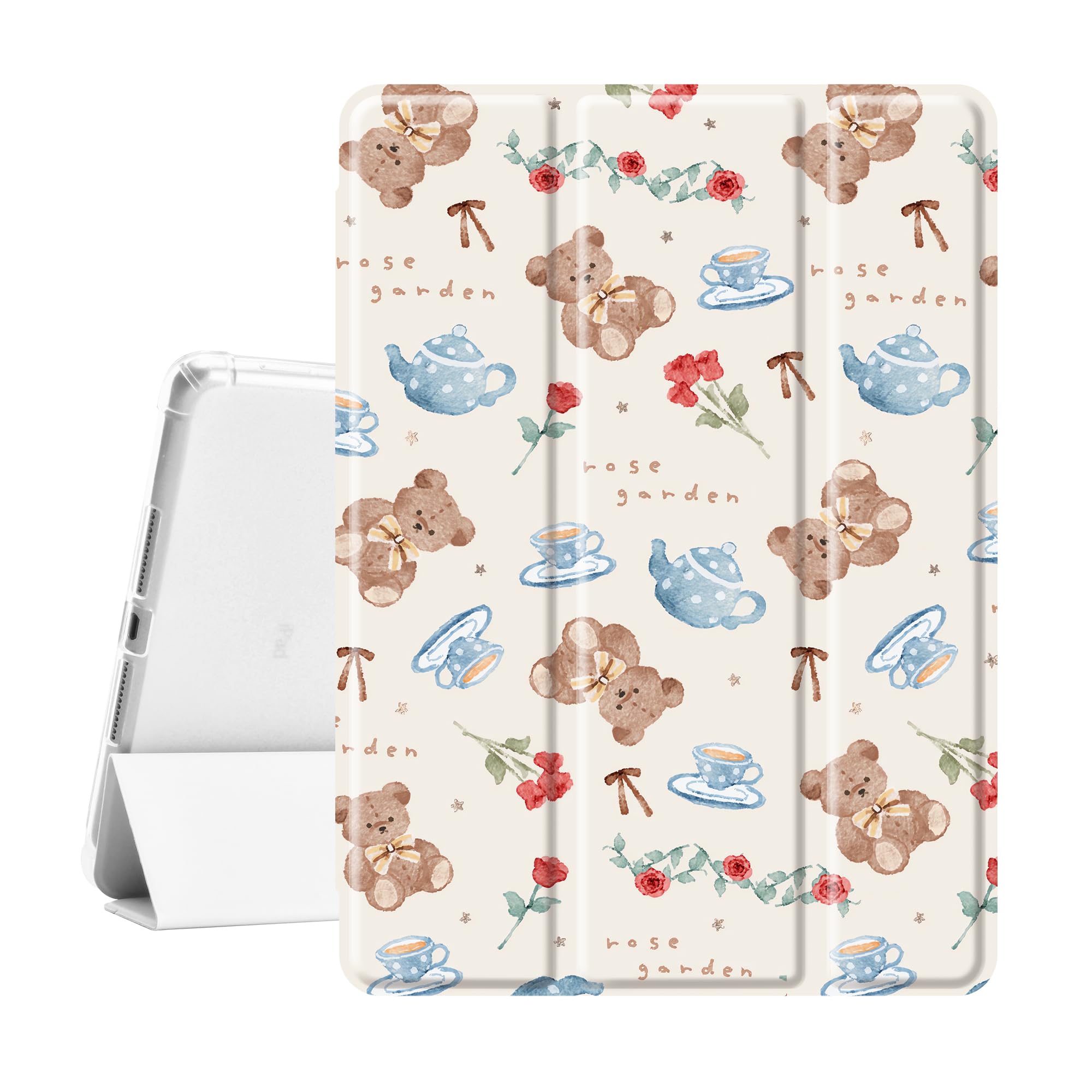 Idocolors Cute Kawaii Rose Teddy Bear Pad Case for 10.9 Inch iPad 2022/2025(iPad 10th/11th Gen), Clear TPU Smart Stand Back Cove