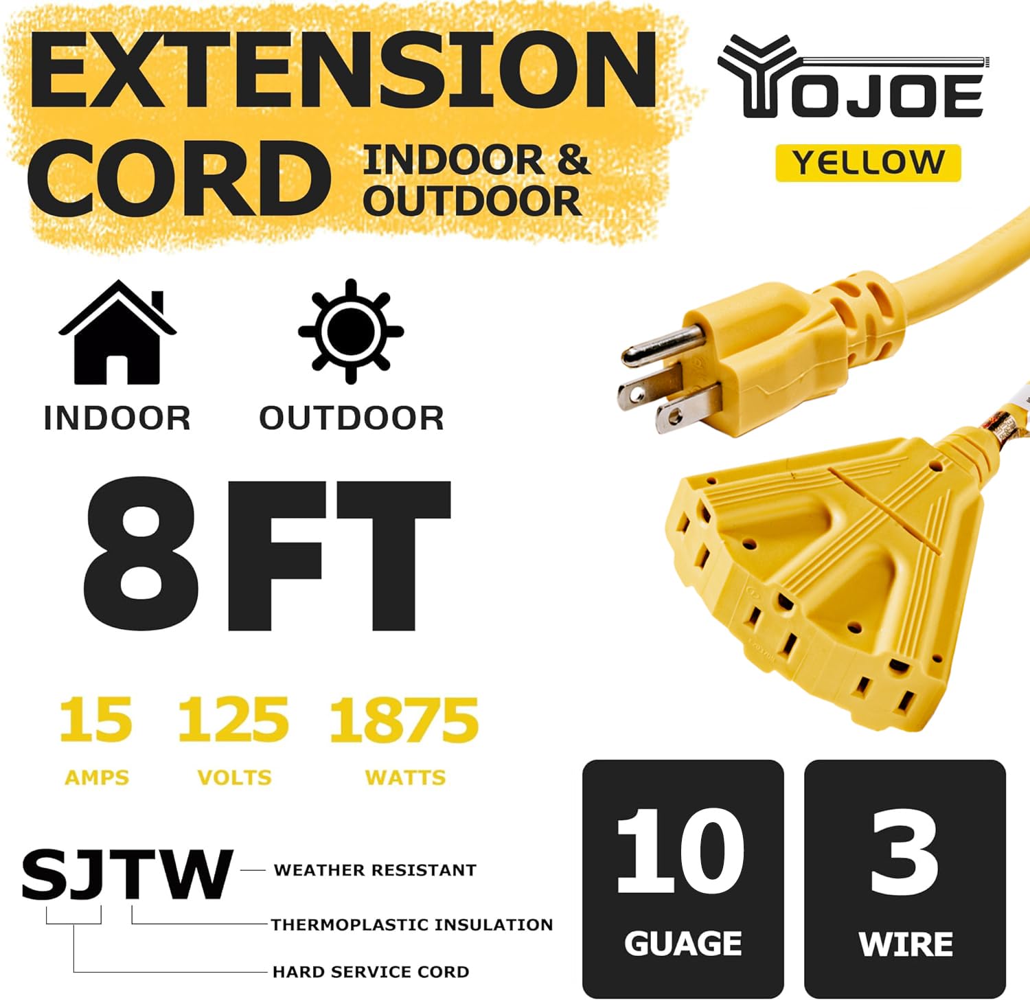 Yojoe 3 Outlets Indoor Outdoor Extension Cord, 3 Prong 15A Weatherproof Power Cord Multiple Outlets, 10 Gauge Heavy Duty 8 Ft Ye