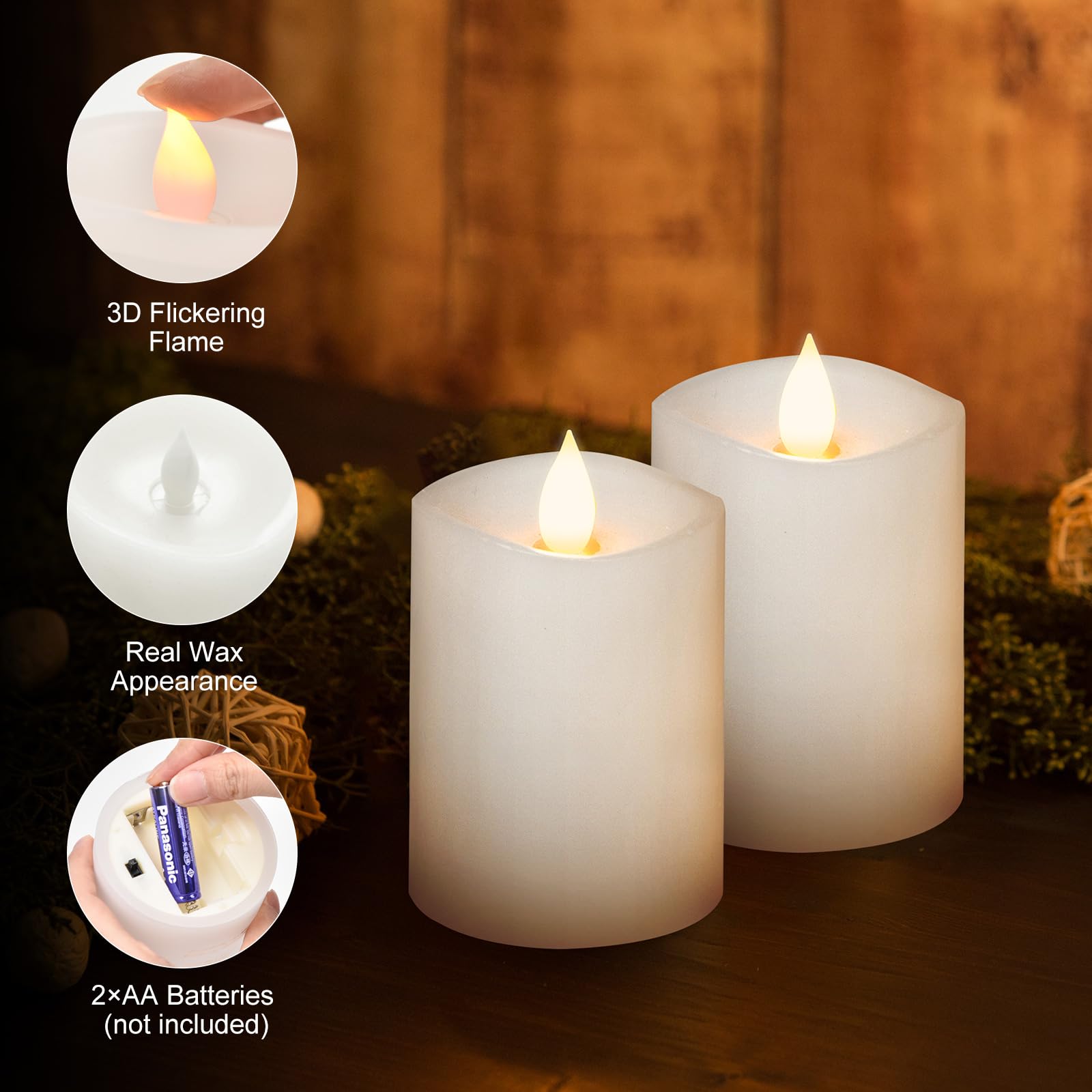 Milysoek 3X4 Flickering Flameless Candles Set Of 2,Real Wax Pillar Led Candles Battery Candles,With Timer,4 Inch Flameless Candl