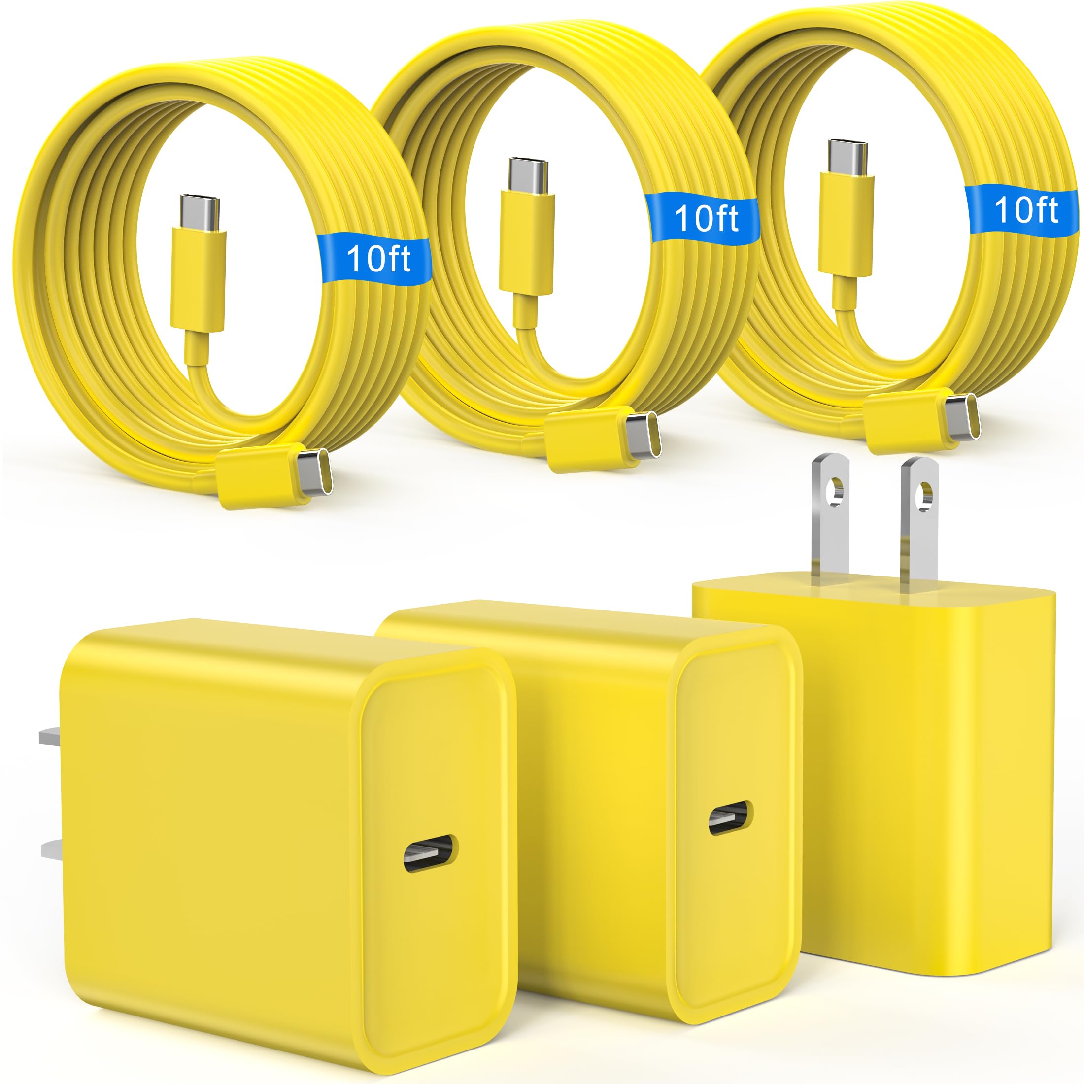 iPhone 17 16 15 Charger Fast Charging 10FT Long Cord with USBC Block Yellow