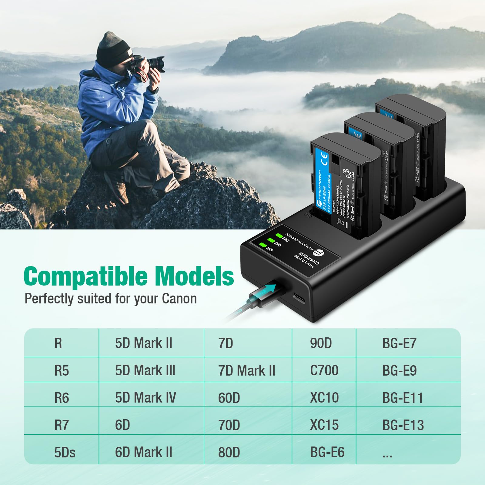 Firstpower Lp E6Nh Battery 3 Pack And Triple Slot Charger Compatible With Canon Eos R R5 R6 R7 60D 70D 80D 90D 5D Mark Ii Iii Iv