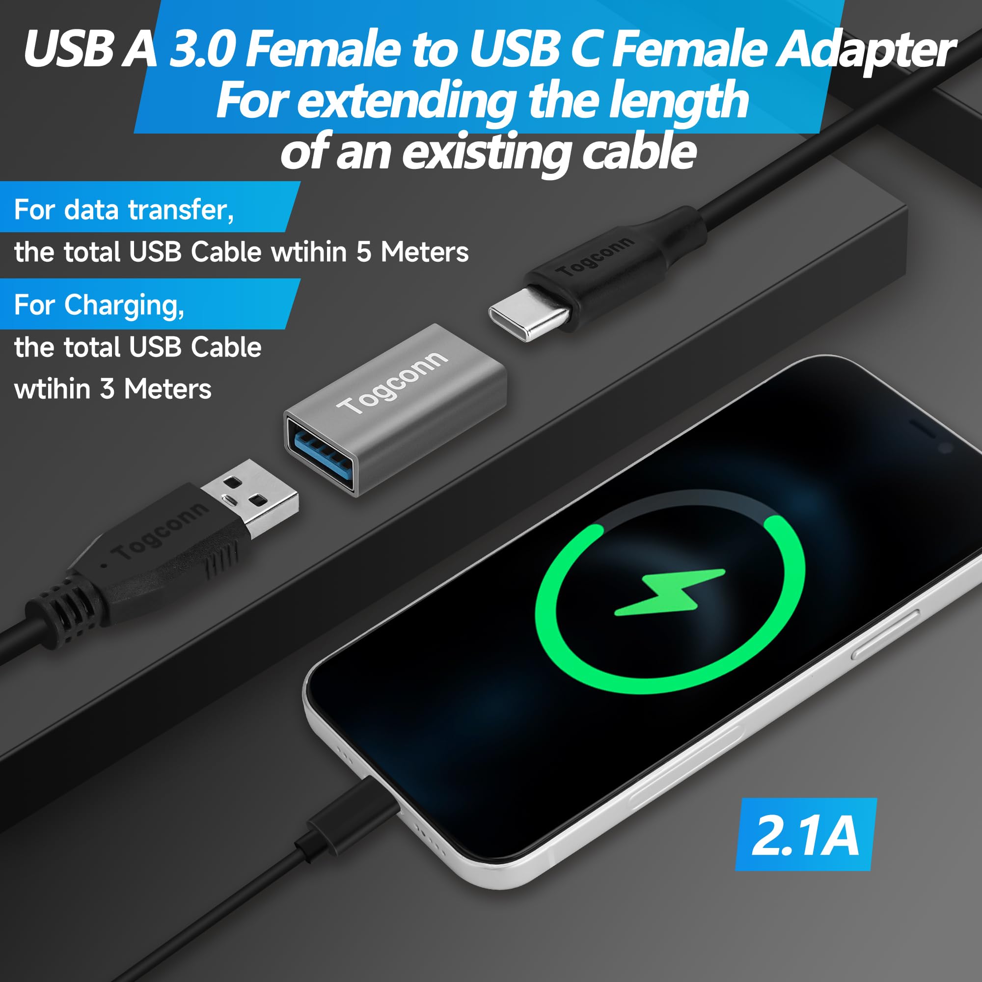 Togconn Usb C To Usb 3.0 Adapter (2 Pack),Usb Type C (Female) To Usb A (Female) Coupler Convert,Bi Directional High Speed Usb Ex