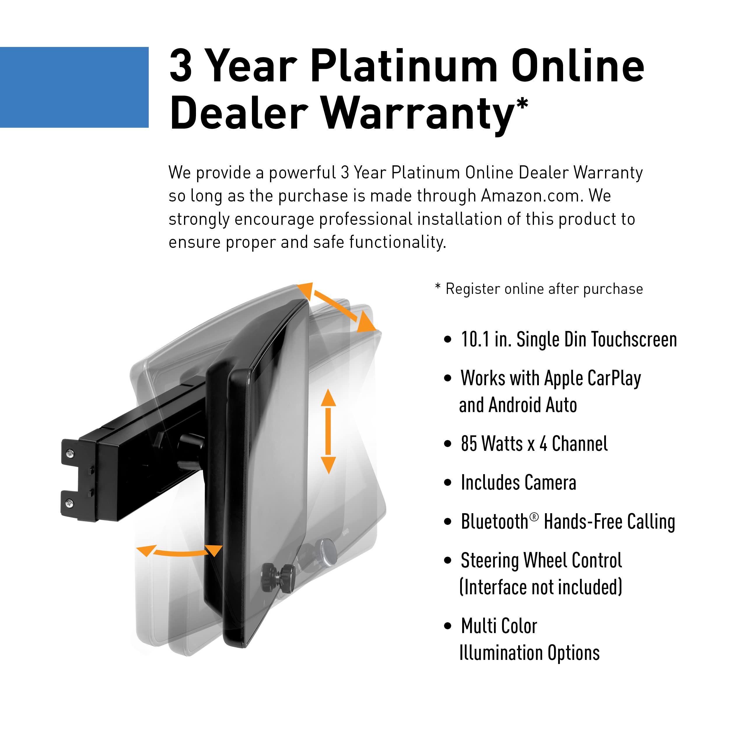 Planet Audio Single Din 10.1'' Apple Car Play Android Auto Bluetooth Back Up Camera