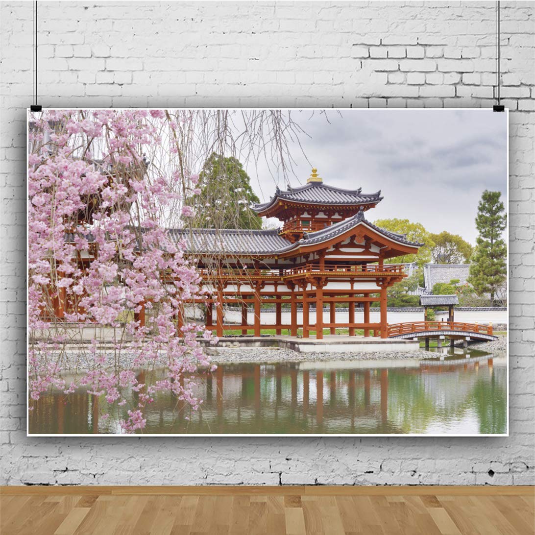 Dorcev Japan Scenery Photography Backdrop Japanese Style Building Garden Pink Cherry Asian Travel Themed Birthday Party Wedding