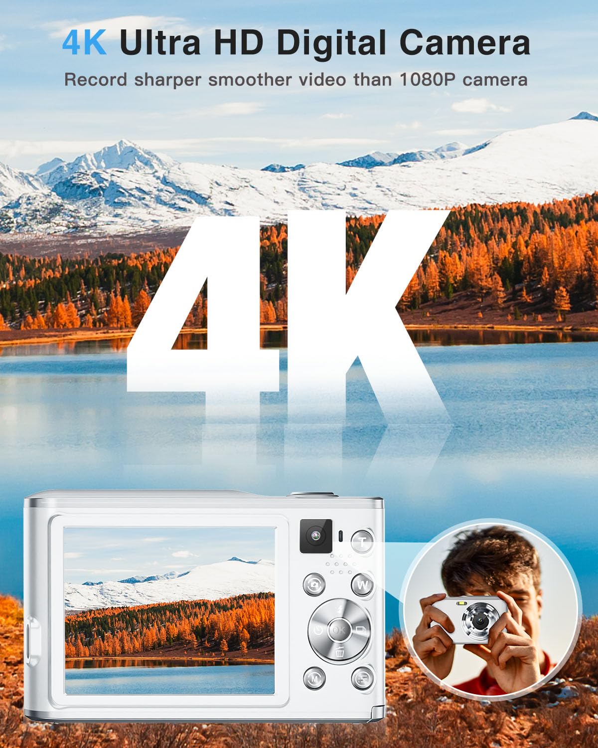 4K Digital Camera, 48Mp Autofocus Kids Camera Selfie With Front And Rear Dual Lenses, 32Gb Card, 2 Batteries, 16X Digital Zoom,