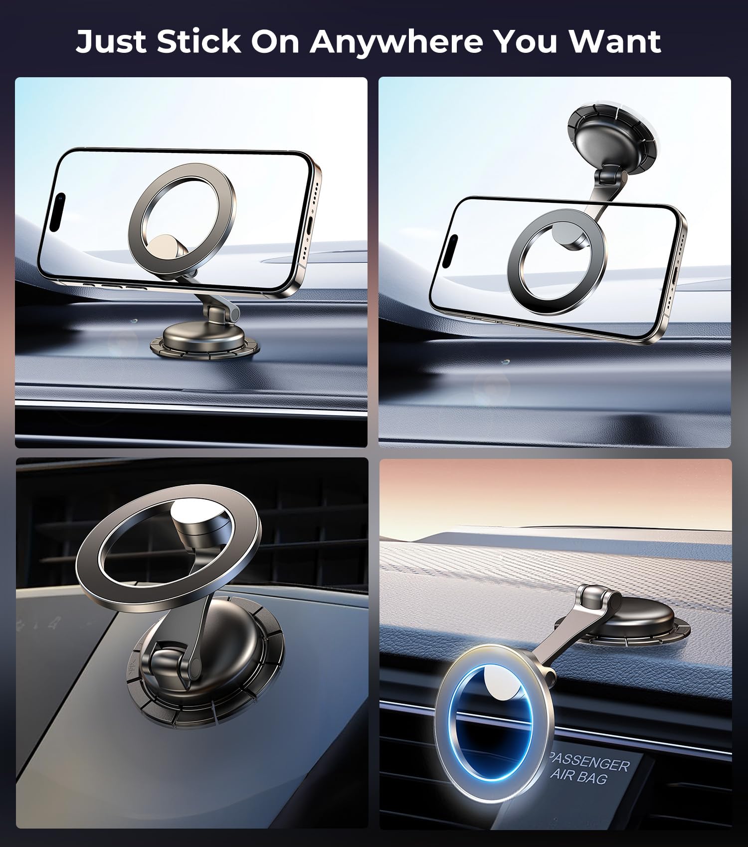 Aredan Folding Car Phone Holder Mount For Magsafe, All Metal, Dashboard Windshield Vent Magnetic Mount, Minimal Space Design, Be